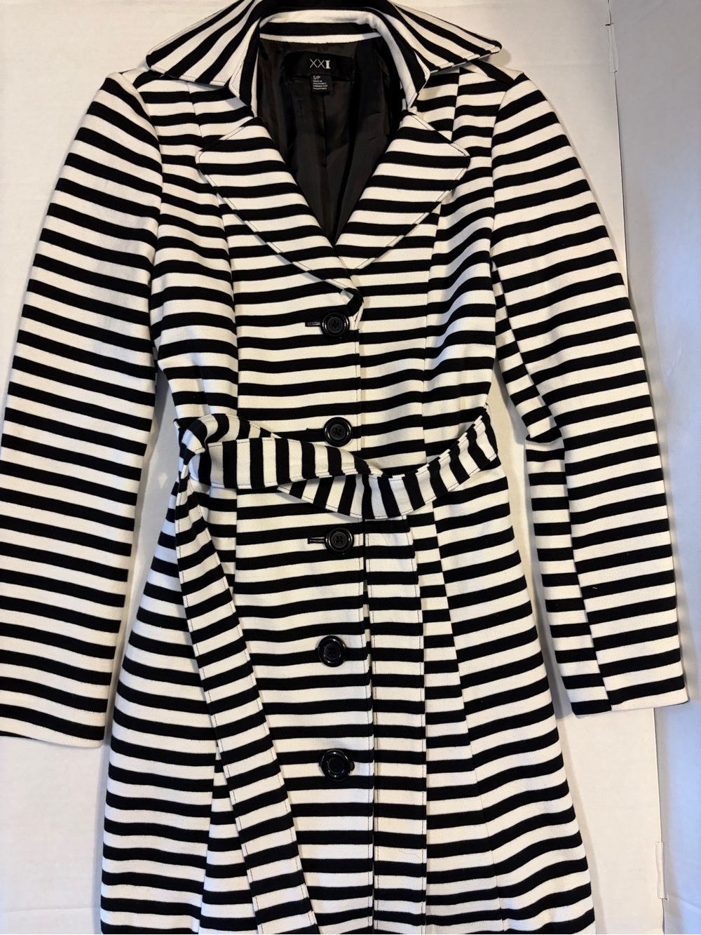 Black and White Striped Belted Trench Coat with Notched Collar